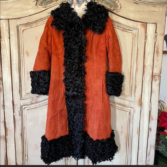 Vintage Red Suede Jacket with Black Curly Lamb Hair. Christmas Coat. - Picture 4 of 7